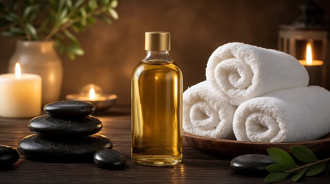 Golden massage oil bottle with hot stones, rolled towels, and candles on wooden table, wellness spa concept