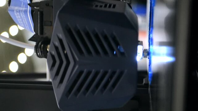 Process printing on 3D printer. The 3D printing process from molten plastic blue color. 3D printing technology. FDM technologies. Fused Deposition Modeling. Additive manufacturing. Vertical