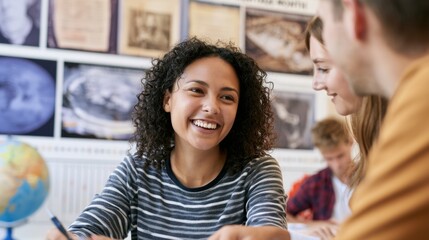 Obraz premium Happy students collaborating in a classroom with educational posters and a globe,National Native American Heritage Month