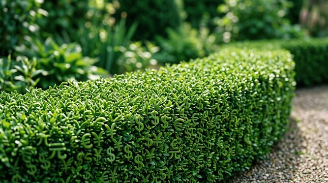 Hedge fund financial concept green boxwood bush trimmed with foreign currency symbols dollar euro yen icons representing investment security growth and money hedge