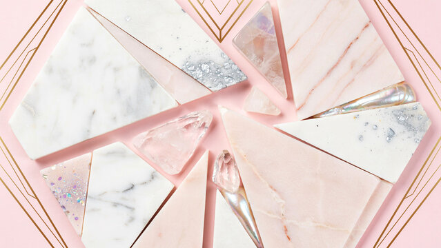 Abstract Geometric Background Featuring Fragmented Pink Rose Quartz and White Marble Tiles with Gold Linear Accents