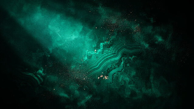 Ethereal Abstract Background Featuring Glowing Green Malachite Stone Texture and Soft Volumetric Light Rays in Deep Dark Space