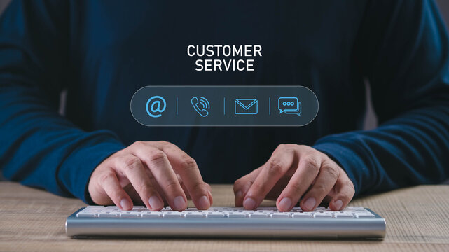 Customer service support concept with contact icons and keyboard, representing help desk, online assistance, live chat, email support, call center, customer communication, and business service.