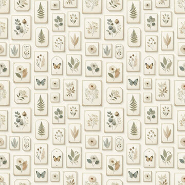 Floating Herbarium Frames with Pressed Flowers Botanical Seamless Pattern Background
