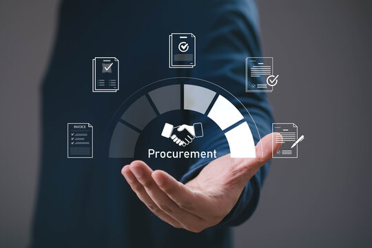 Hand presenting a digital procurement process with contract, invoice, approval, and supplier management icons, representing purchasing, supply chain, vendor management and procurement automation.