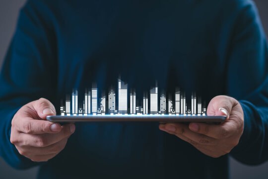 Smart city with a digital skyline emerging from a tablet, representing urban innovation, intelligent infrastructure, sustainable development, connected technology, digital transformation future cities