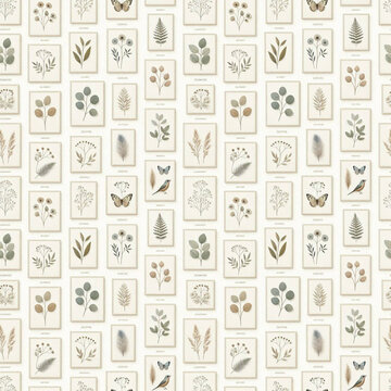 Floating Herbarium Frames with Pressed Flowers Botanical Seamless Pattern Background