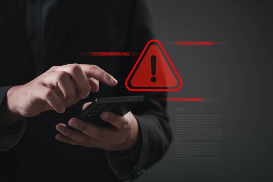 Cybersecurity system warning on smartphone with mobile security alert, threat detection, malware protection, data breach prevention and risk management for secure digital communication, network safety