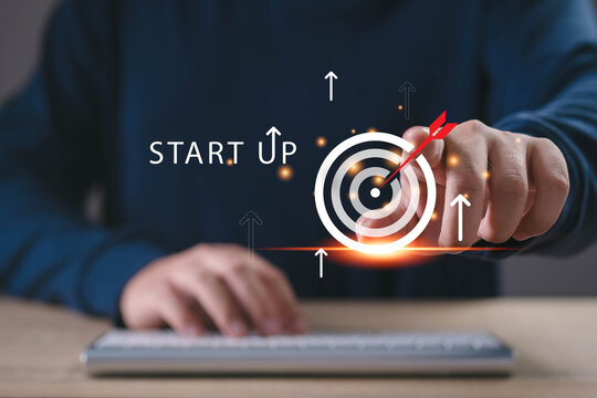 Startup business strategy with target achievement and growth concept, featuring a digital goal interface, business planning, success, innovation, strategic vision, performance, and market expansion.