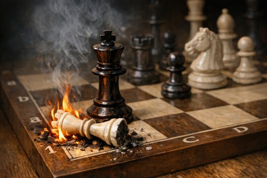 A chessboard with a burning chess piece, perfect for dramatic or cautionary themes