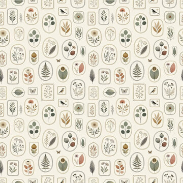 Floating Herbarium Frames with Pressed Flowers Botanical Seamless Pattern Background