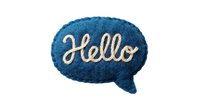 A blue felt speech bubble with the word hello embroidered in white thread isolated on a black background for communication and greeting concepts