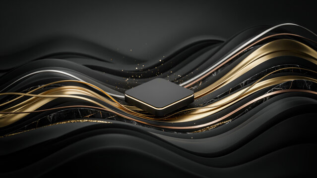 Modern Minimalist Square Platform Floating Over Elegant Wavy Gold and Black Abstract Flowing Lines Background for Premium Product Display