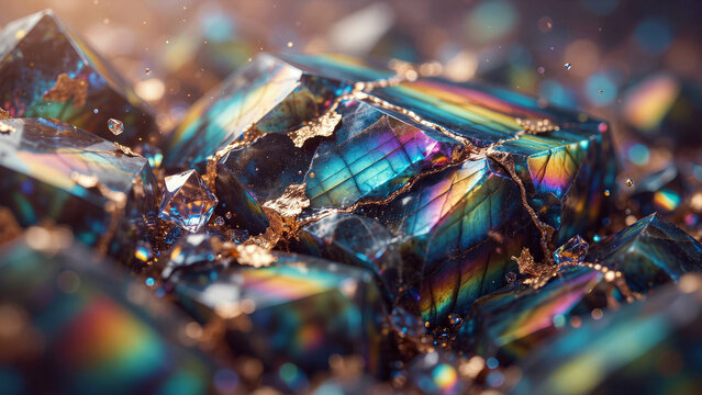 Macro Close Up View of Iridescent Crystalline Structures Featuring Shimmering Prismatic Light Reflections and Luxurious Gold Vein Accents