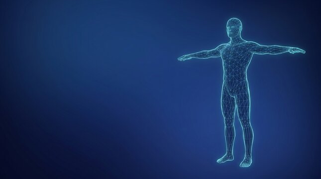 Futuristic 3D wireframe human body hologram concept representing artificial intelligence and medical tech
