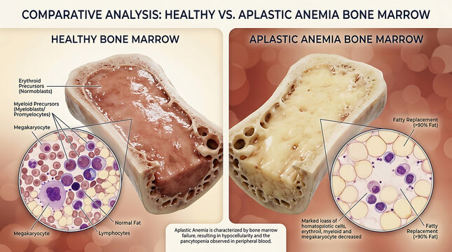 Healthy Bone Marrow Versus Aplastic Anemia Hypocellularity and Fatty Replacement