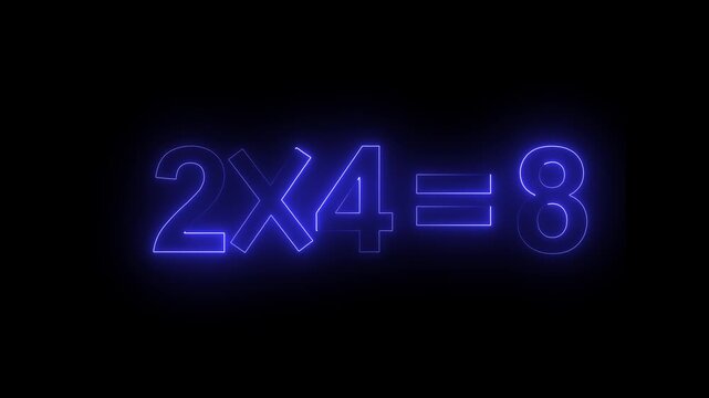 Arithmetic problem glowing in blue neon light shows simple multiplication numbers against black background to help children understand basic mathematics theories for school studies and education.