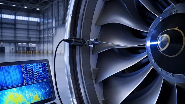 Jet engine fan undergoes sensor inspection with thermal data, predictive maintenance concept for aerospace diagnostics
