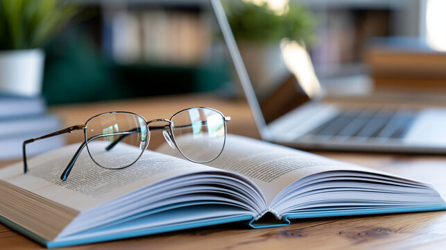 A pair of reading glasses resting on an open book beside a laptop on a home office desk, focused study still life, with copy space