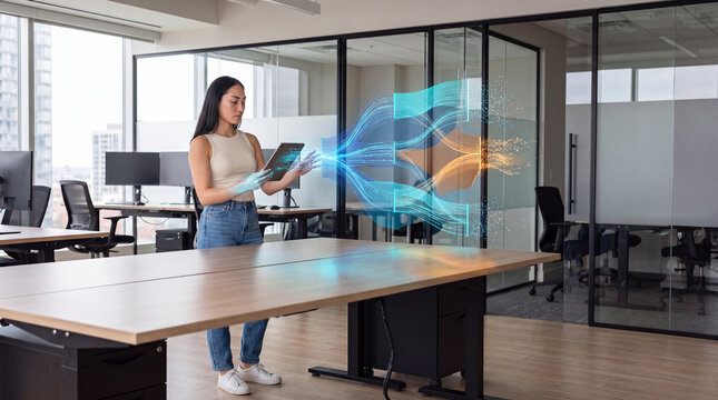 Businesswoman using a tablet to control streaming holographic data