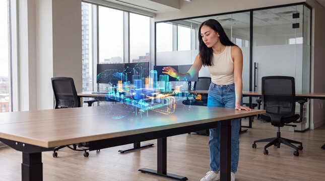 Businesswoman presenting a holographic city model on a conference table
