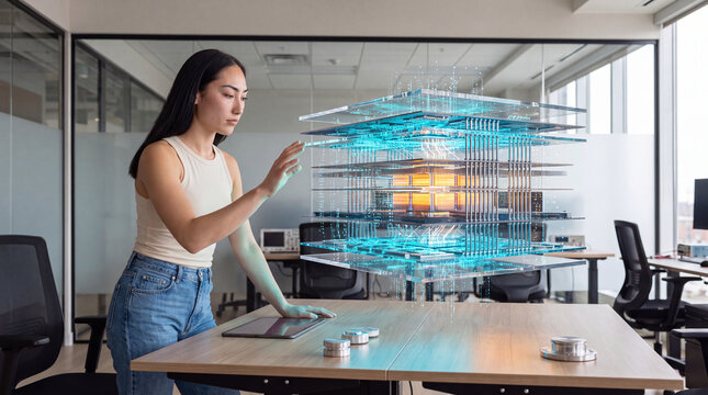 Businesswoman examining a layered holographic data server structure