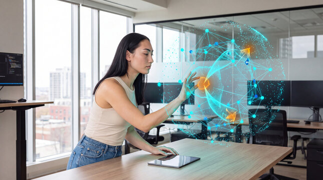 Woman touching a glowing holographic network sphere at her desk