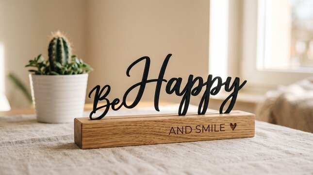 Be Happy and Smile: A wooden stand with the inscribed words Be Happy AND SMILE sits on a table next to a potted cactus, encouraging a positive mindset.