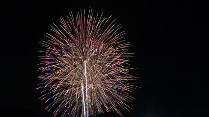 Fototapeta premium Vibrant Colorful Fireworks Displaying over the Night Sky during Japanese Summer Hanabi Festival