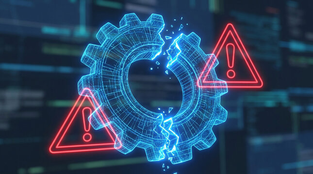 Abstract 3D wireframe gear with neon warning signs breaking apart, concept for system error, technical failure and cybersecurity alert