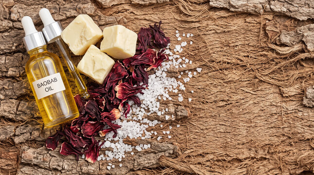 Overhead photo of African baobab and marula beauty ingredients on tree bark