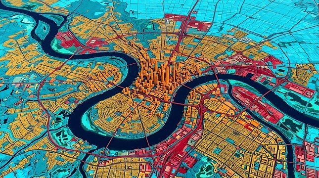 Stylized 3D map of a sprawling city with a winding river, showing urban density and surrounding areas in vibrant colors.