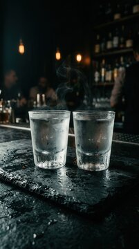 Vodka shots sit on a wet slate bar top with soft bokeh lighting illuminating the dark tavern background atmosphere.