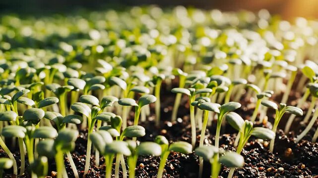 Fresh Growth: Close-up of green seedlings sprouting from dark soil under warm sunlight, ideal for agriculture and sustainability themes.