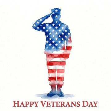 Watercolor illustration of a saluting soldier with american flag pattern for veterans day