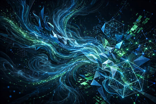 Abstract glowing blue and green digital network with geometric shapes and fluid energy, ideal for technology concepts, data visualization and AI backgrounds