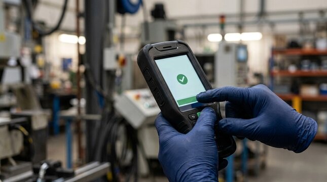 Technician Confirming a Preventive Maintenance Task Was Completed Via a Handheld Tracking Device