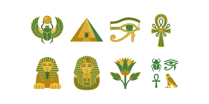 Ancient Egyptian symbol vector set featuring scarab pyramid Eye of Horus ankh sphinx and pharaoh icons
