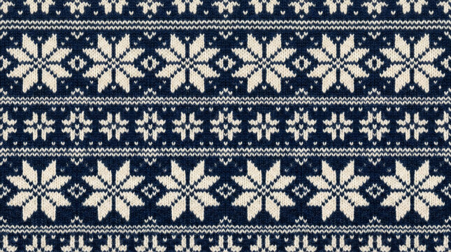 Seamless Fair Isle Knit Pattern with Dark Blue and Cream Snowflakes and Geometric Motifs. Winter Holiday Sweater Background Texture.