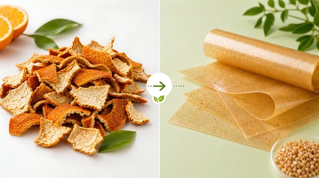 Split view showing dried orange peels transforming into transparent bio plastic sheet, sustainable packaging concept