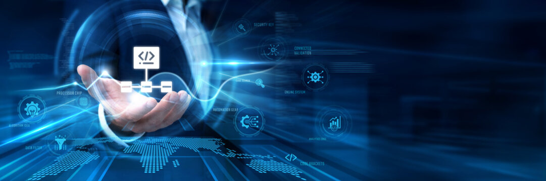 Businessman Hand Hold Algorithm Development and global smart data networking. Software coding, machine learning computer program, big data analytics software, artificial intelligence, cyber security