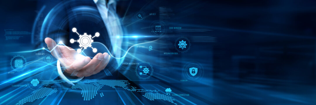 Businessman Hand Hold API and global cloud data networking. Application programming interface, software integration development, digital connectivity system, cyber network communication