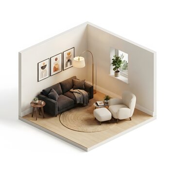 An isometric perspective showcases a comfortable living room interior featuring a dark colored sofa an inviting armchair and simple minimalist decorations on a