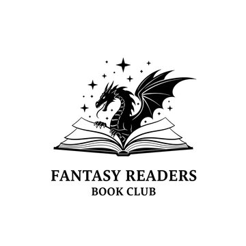 Fantasy readers book club logo with dragon and book