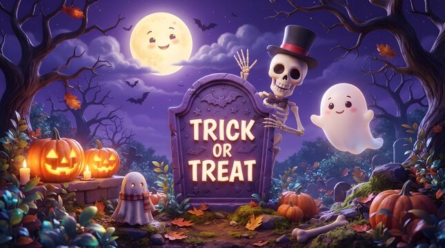 Whimsical halloween night scene with pumpkins ghosts and a trick or treat sign