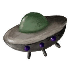 A unique, stylized hand-drawn digital illustration of a classic UFO or alien flying saucer spacecraft © nita