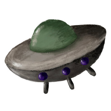 A unique, stylized hand-drawn digital illustration of a classic UFO or alien flying saucer spacecraft