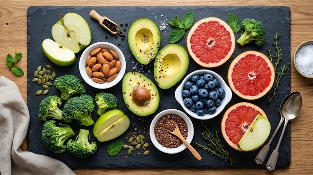 Fresh healthy fruits and nuts on black tray