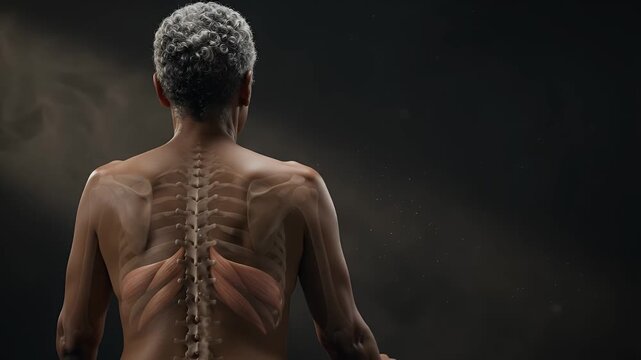 Spine medical health and senior woman with skeleton on back for chiropractic, osteopathy and orthopedic care. Aging, anatomy and bone structure in studio with healthcare, therapy and wellness treatme