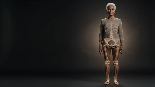 Medical, senior woman and healthcare with spine x-ray for bone health, osteoporosis and anatomy. Black female, elderly and wellness with skeletal system, pelvic area and medicine for study research